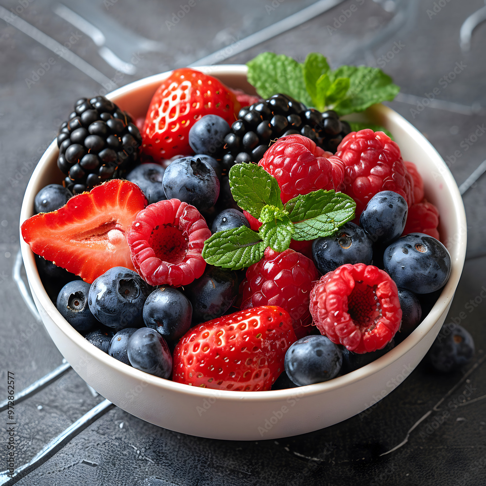 Obraz premium Bowl with berries. Raspberries, blueberries, strawberries with mint in a plate. Close-up