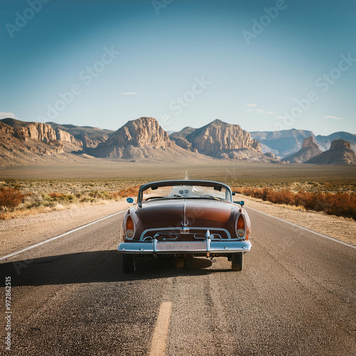 Classic 1950s-60s Car Driving on a Long Desert Highway with Mountain Backdrop and Clear Blue Sky