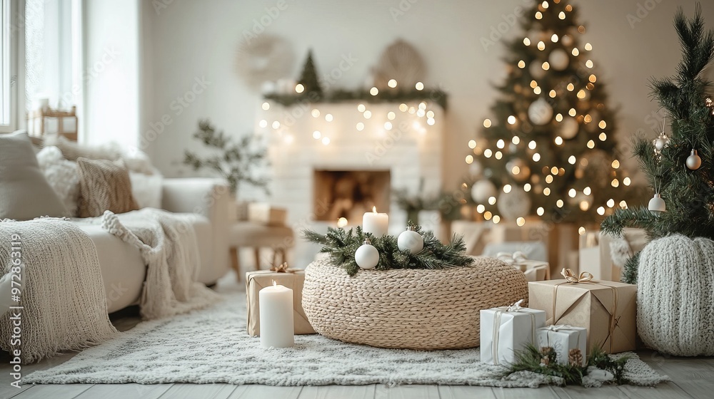 Scandinavian-style Christmas decor with minimalist white and wood elements, fairy lights, and natural greenery. 4K hyperrealistic photo. Scandinavian-style Christmas decor with minimalist white and wood elements, fairy lights, and natural greenery. 4K hyperrealistic photo.