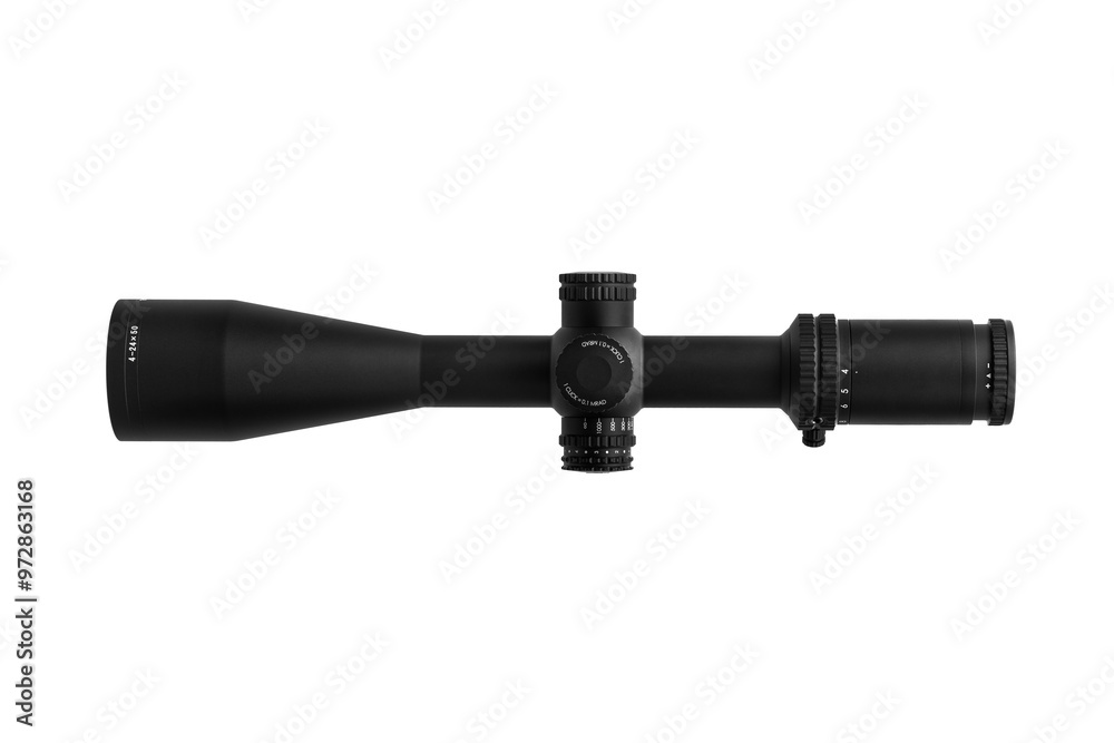 Modern sniper scope on a white back. Optical device for aiming and shooting at long distances. Modern sniper scope on a white back. Optical device for aiming and shooting at long distances.