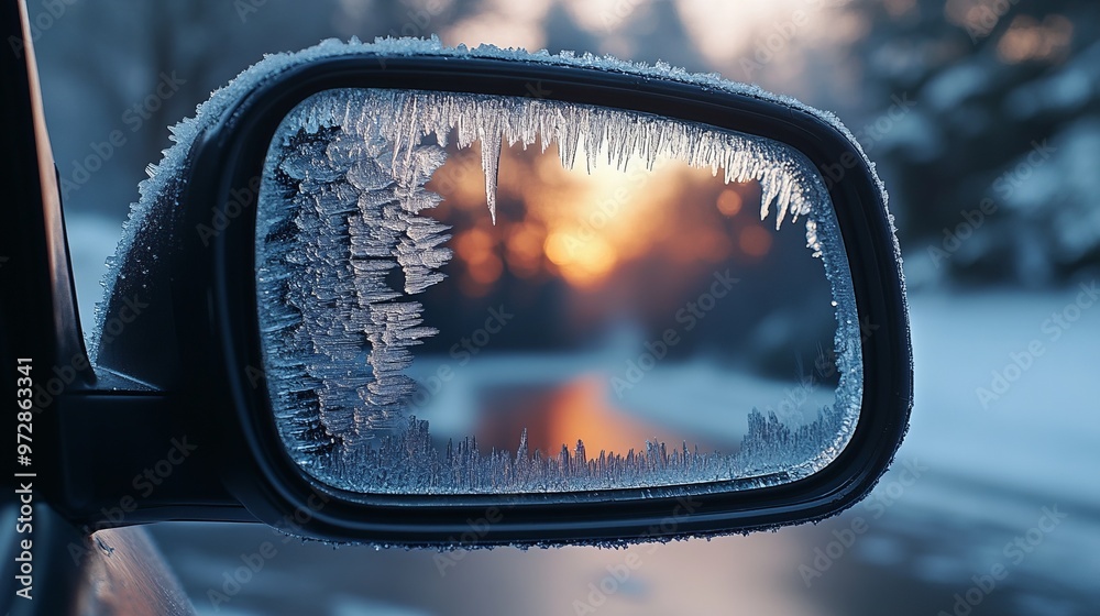 Ice crystals forming on a car's side mirror, with the smooth surface of the mirror creating a sharp, reflective texture. 4K hyperrealistic photo. Ice crystals forming on a car's side mirror, with the smooth surface of the mirror creating a sharp, reflective texture. 4K hyperrealistic photo.