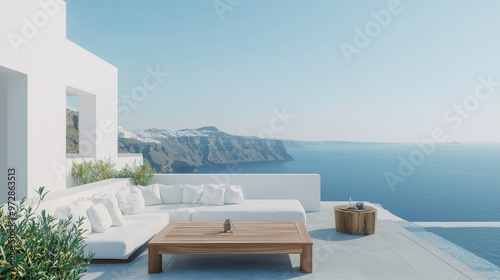 Stylish sofa and coffee table on an open balcony