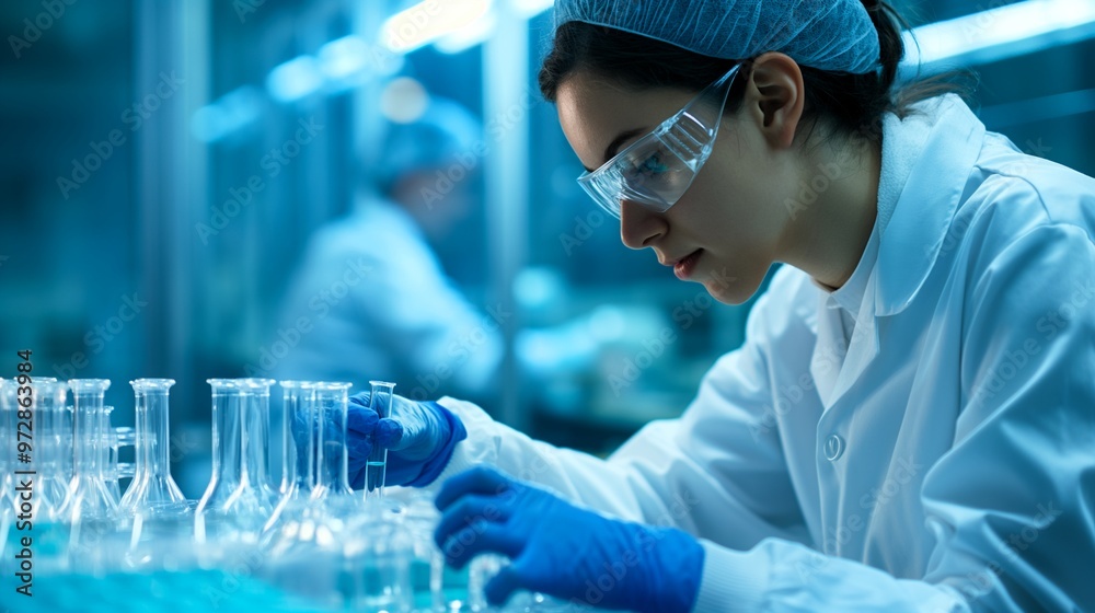 Focused in the Blue Hues of Research. A young scientist meticulously analyzes samples in a state-of-the-art laboratory. Generative ai illustration. Focused in the Blue Hues of Research. A young scientist meticulously analyzes samples in a state-of-the-art laboratory. Generative ai illustration.