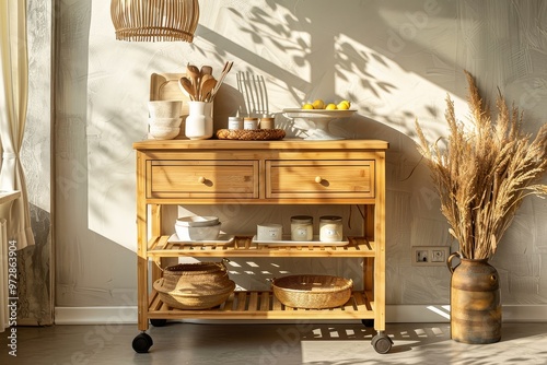 Bamboo kitchen trolley with three shelves, two drawers, and wheels in eco-friendly dining room with natural light and dishes on display. photo