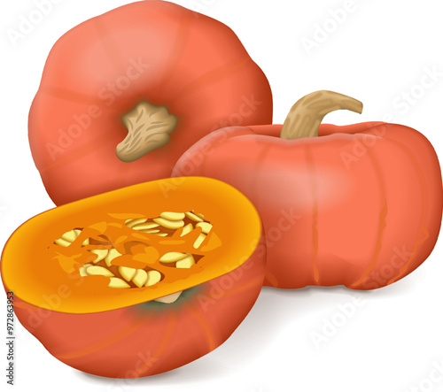 Whole and chopped Sunshine kabocha squash. Winter squash. Cucurbita maxima. Fruits and vegetables. Isolated vector illustration.