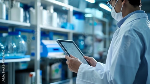 Scientist in Lab with Tablet. A focused scientist in a lab coat and face mask meticulously examines data on a tablet, the shelves behind him filled with lab supplies. Generative ai illustration. 