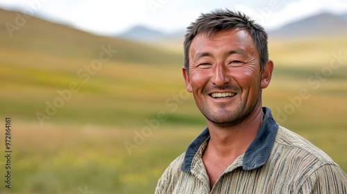 Serene Kyrgyz Man in Kalpak Smiling in the Vast Beauty of the Open Steppe