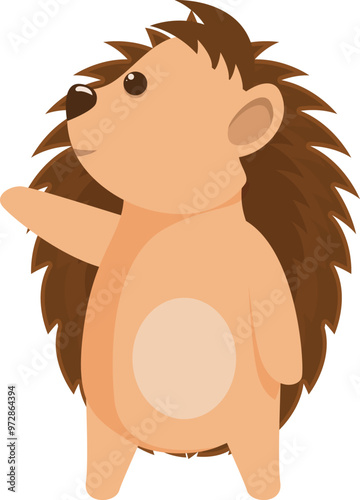 Cartoon hedgehog standing and pointing up with its paw