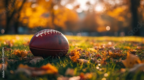 A football resting on a lush, green grassy field scattered with autumn leaves, capturing the serene yet competitive atmosphere of the early fall sports season.