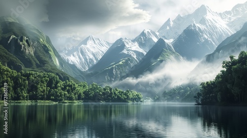 Majestic mountain landscape with snow peaks reflecting in tranquil lake surrounded by lush greenery during cloudy day photo