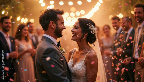 Bride and groom share a joyful moment with confetti, warm lights, and a festive atmosphere.






 photo