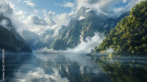 Majestic mountain landscape with snow peaks reflecting in tranquil lake surrounded by lush greenery during cloudy day