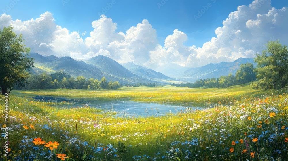 Obraz premium Serene landscape with mountains, flowers, and a tranquil lake.