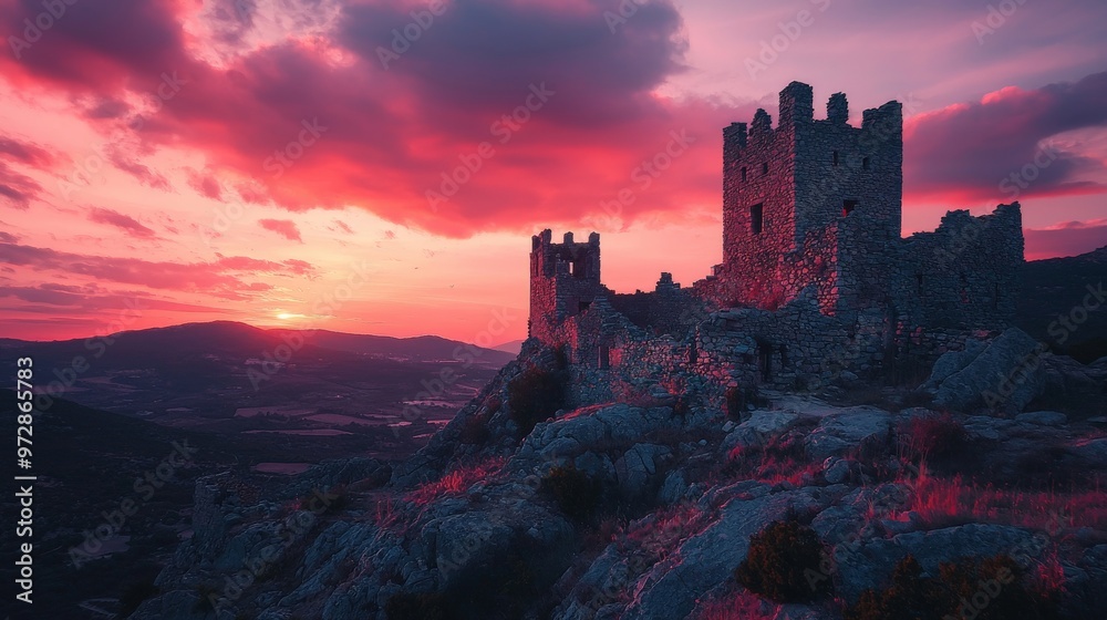 Fototapeta premium A crimson sunset casting long shadows over an ancient castle, the stone walls glowing with history