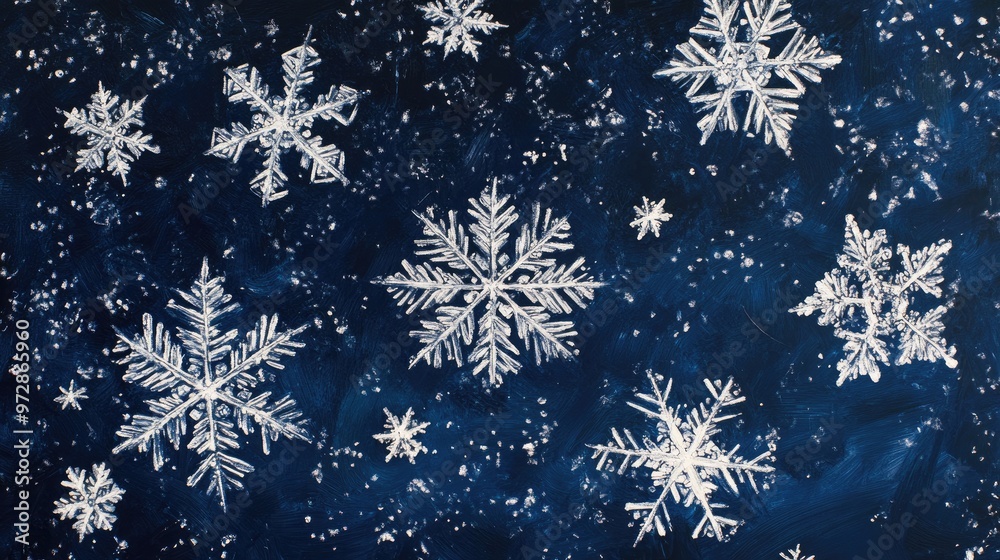 A cascade of snowflakes against a deep blue background, each flake showcasing unique details and textures A cascade of snowflakes against a deep blue background, each flake showcasing unique details and textures