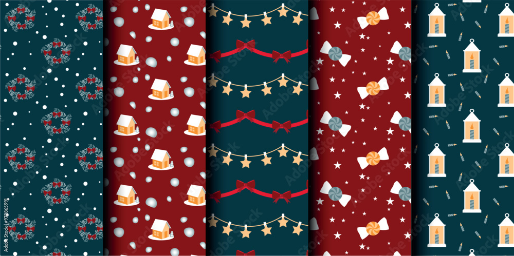 Set of Christmas vector seamless pattern. Merry Christmas and Happy New Year. Christmas symbols background. Vector red and blue seamless illustration Set of Christmas vector seamless pattern. Merry Christmas and Happy New Year. Christmas symbols background. Vector red and blue seamless illustration