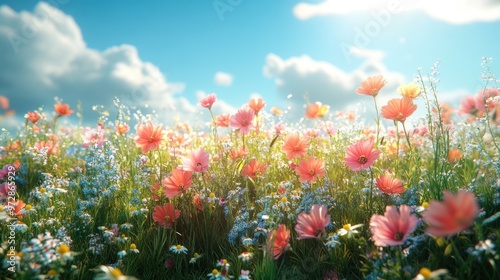 Vibrant flower field under a bright blue sky with fluffy clouds.