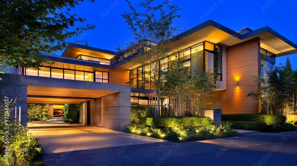This 3d rendering depicts a modern two-story house with gray accents, large windows, and a parking space on the right side. The night sky is clear with many stars visible. This 3d rendering depicts a modern two-story house with gray accents, large windows, and a parking space on the right side. The night sky is clear with many stars visible.