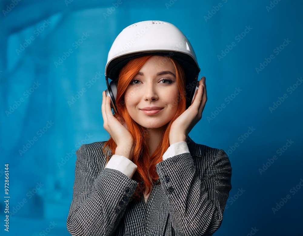 Portrait of a beautiful young woman with a helmet. A red-haired girl listens to music. Portrait of a beautiful young woman with a helmet. A red-haired girl listens to music.