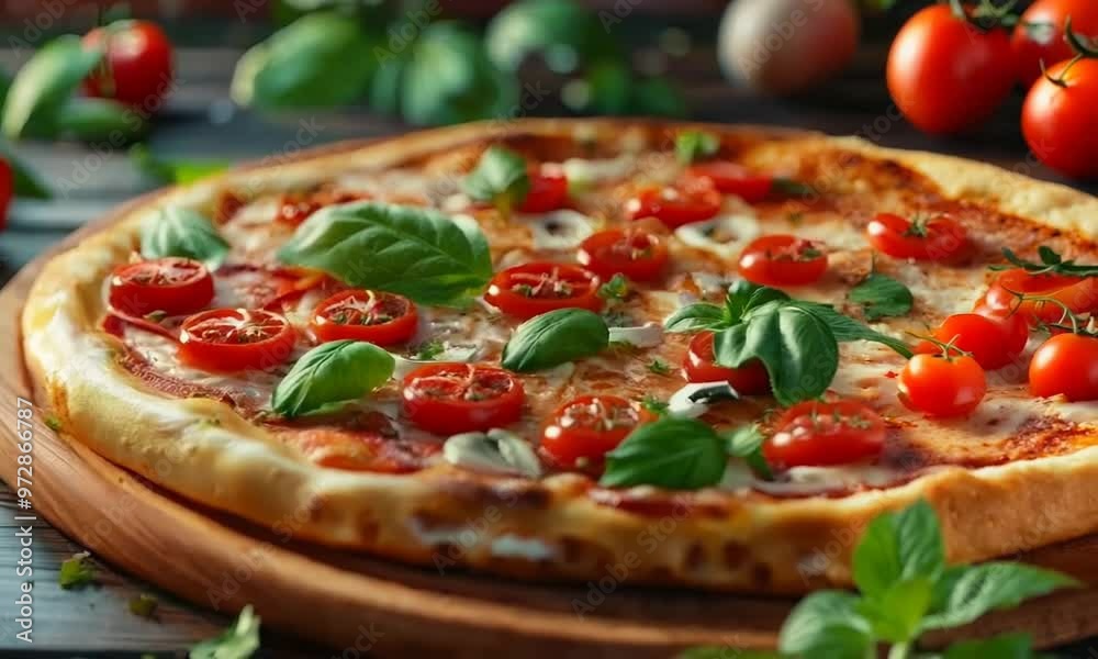 Gourmet pizza with assorted toppings, Video
