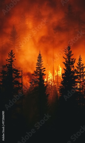 wooden forest in flame and fire burning, ecological disaster and climate change concept