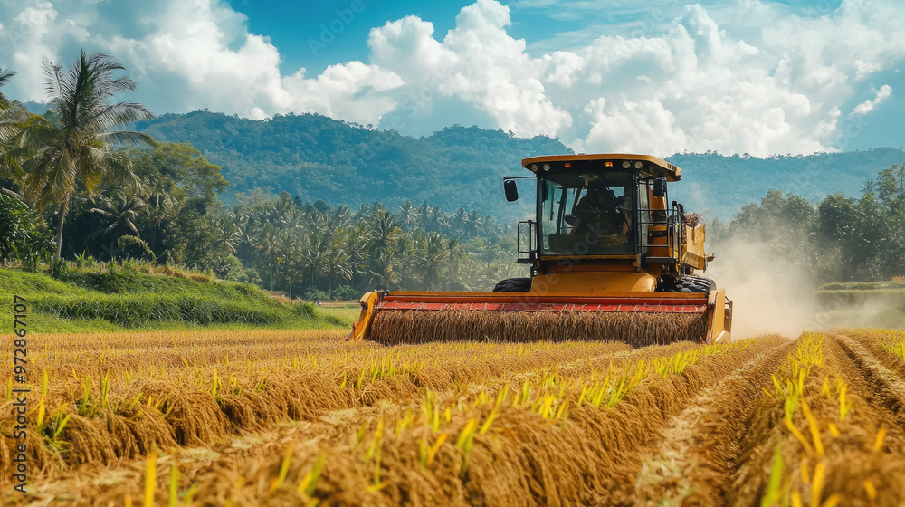 Fototapeta premium rice or wheat harvester working in the field, agricultural machinery, agro-industry, harvest, farm, combine, tractor, machine