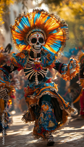 Vibrant skeleton costume worn by a dancer during a Day of the Dead celebration, showcasing colorful details and traditional Mexican culture. 