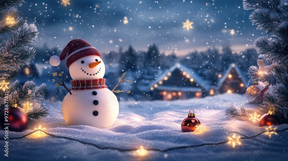 Obraz premium Peaceful winter setting with a snowman and holiday decorations, under a starry, snow