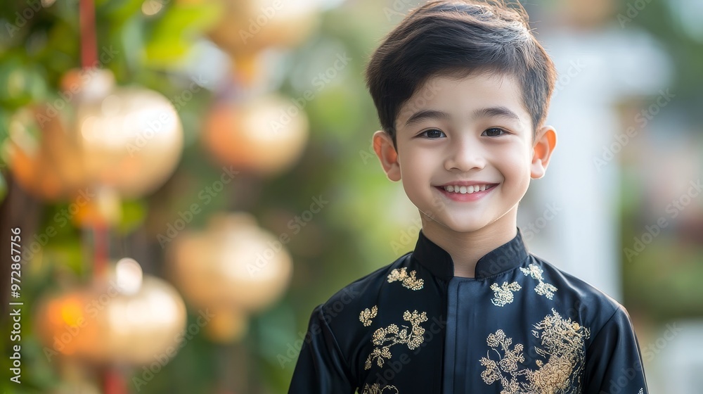 Joyful Vietnamese Teenage Boy in Ao Dai Embracing Natural Beauty with Candid Smile Joyful Vietnamese Teenage Boy in Ao Dai Embracing Natural Beauty with Candid Smile