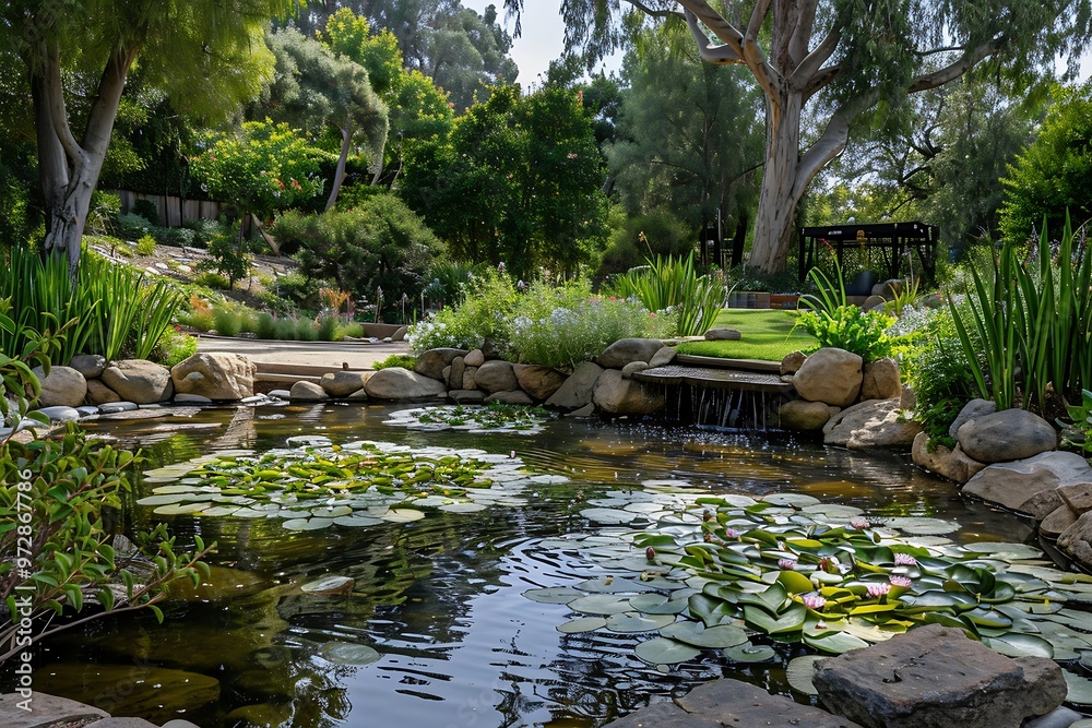 Waterfall in a beautiful tropical garden with pond and green plants. Waterfall in a beautiful tropical garden with pond and green plants.