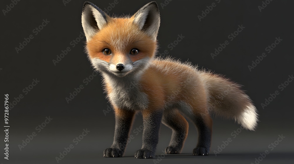 Obraz premium 31. **Detailed 3D model of a baby fox with a bushy tail and curious expression