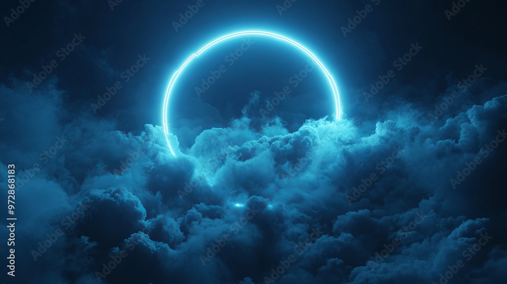 , abstract cloud illuminated with neon light ring on dark night sky. Glowing geometric shape, round frame , abstract cloud illuminated with neon light ring on dark night sky. Glowing geometric shape, round frame