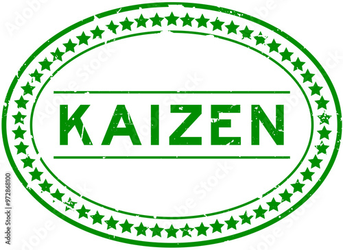 Grunge green kaizen word oval rubber seal stamp on white background