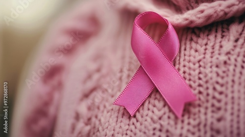 A close-up of a pink ribbon pinned to someone's clothing, symbolizing breast cancer awareness and support