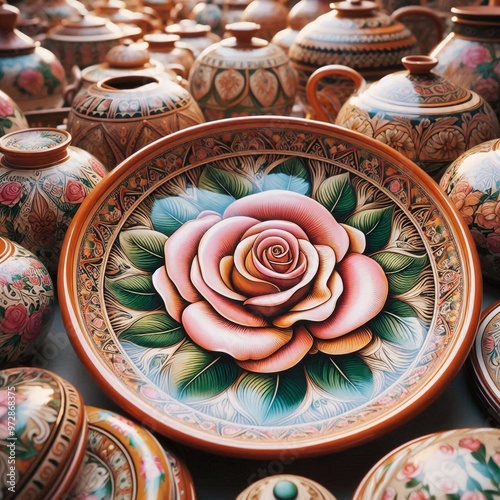 italienische Töpferware mit einem Rosenmotiv auf einem Markt in Italien photo