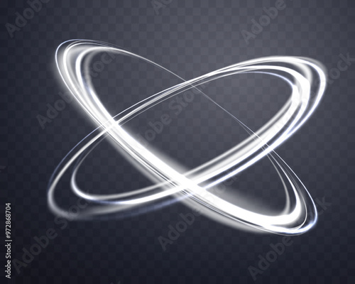 Neon realistic energy flare halo ring. Silver glowing magic ring. Abstract light effect on a dark transparent background. Vector illustration.
