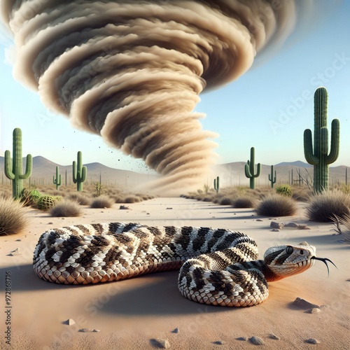 A rattlesnake is coiled on a desert landscape while a massive dust devil spins fiercely in the background