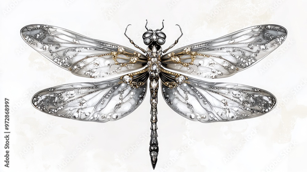 Abstract design of a dragonfly with wings embellished with radiant diamonds and intricate jewelry, set against a clean white backdrop Abstract design of a dragonfly with wings embellished with radiant diamonds and intricate jewelry, set against a clean white backdrop