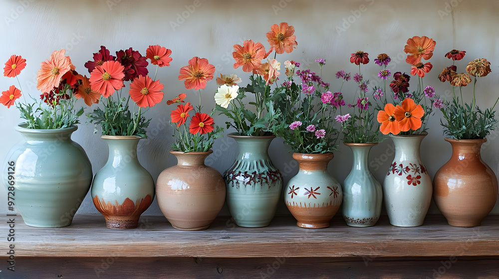 A row of decorative vases filled with vibrant flowers on a wooden shelf. A row of decorative vases filled with vibrant flowers on a wooden shelf.