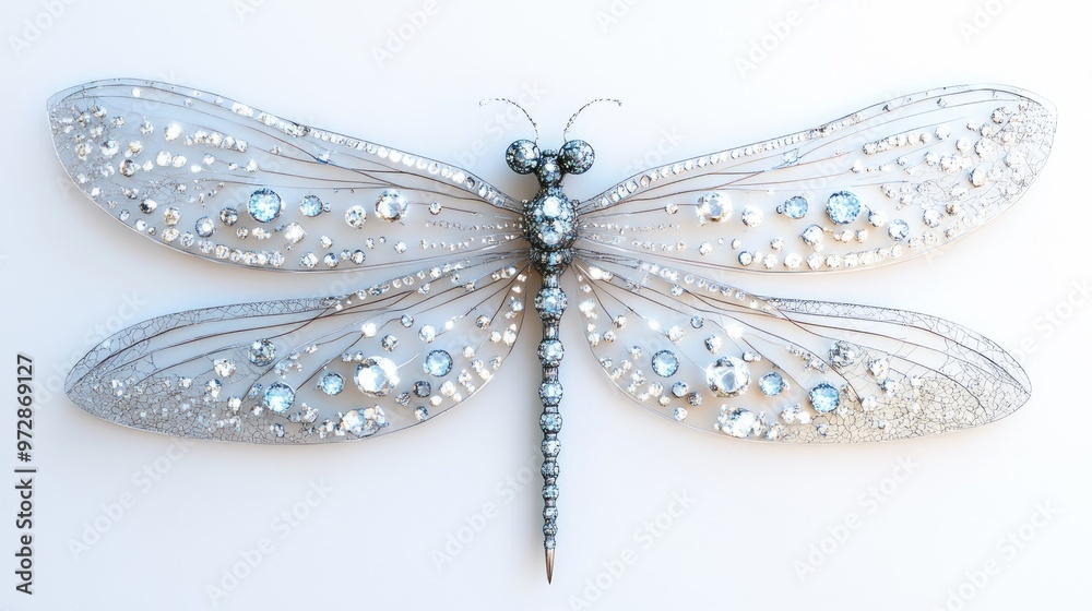 Fototapeta premium Abstract dragonfly with intricate wings covered in radiant diamonds and delicate jewels, on a pristine white background