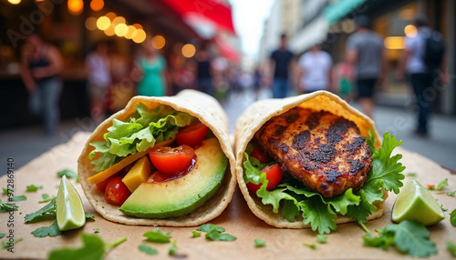 Street food-style wrap with vegan and meat fillings, surrounded by fresh herbs and lime wedges in an urban setting.






 photo