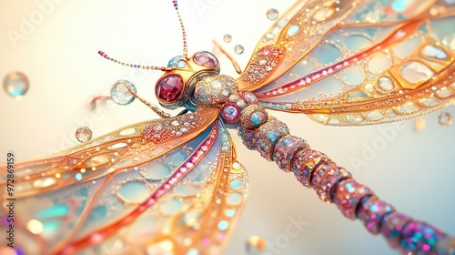 Abstract dragonfly with intricate wings covered in radiant diamonds and delicate jewels, on a pristine white background photo