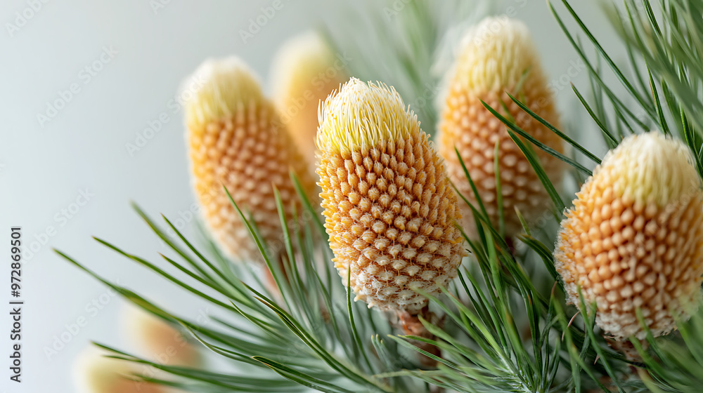 A close-up of the Australian banksia flower, showcasing its unique cone-shaped blooms and spiky foliage A close-up of the Australian banksia flower, showcasing its unique cone-shaped blooms and spiky foliage
