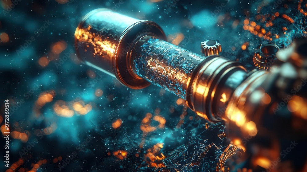 Telescope focusing on a distant puzzle piece, with gears in motion in the foreground