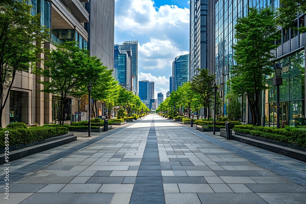 A pathway lined with trees leading to a city skyline, urban landscape, modern architecture. A pathway lined with trees leading to a city skyline, urban landscape, modern architecture.