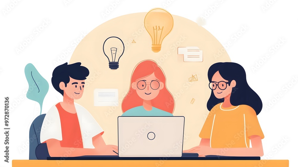 Three People Collaborating on a Laptop with Lightbulbs Representing Ideas Three People Collaborating on a Laptop with Lightbulbs Representing Ideas