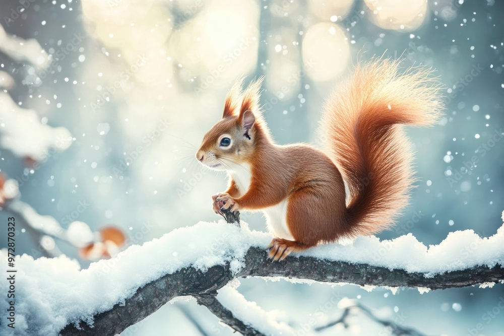 Red Squirrel Perched on a Snow-Covered Branch in a Winter Forest Red Squirrel Perched on a Snow-Covered Branch in a Winter Forest