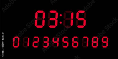 Red digital glowing numbers set for electronic devices LED screen isolated on black background. Vector Clock display, digital timer concept, glowing electronic figures, calculator numbers