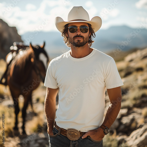 sand t-shirt mockup, men model, view of the mountains