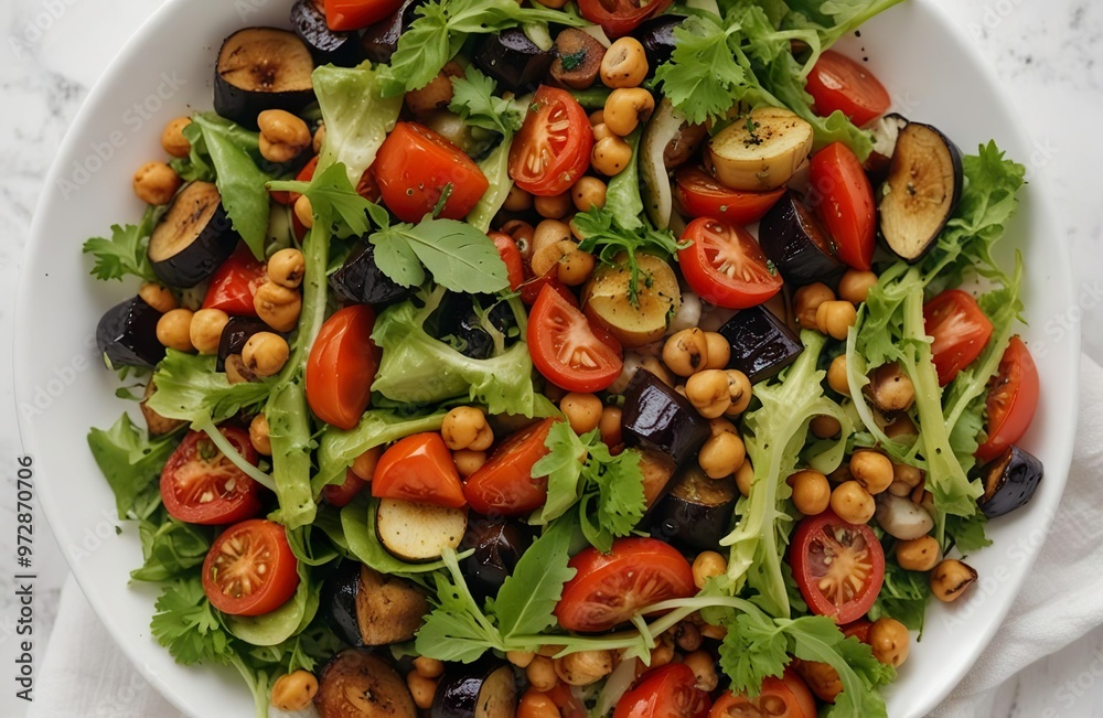 Vegan simple imperfect salad with chickpea, baked eggplants, tomatoes and herbs on a white table in a white plate Vegan simple imperfect salad with chickpea, baked eggplants, tomatoes and herbs on a white table in a white plate